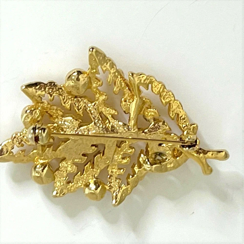 Vintage Gold Tone Leaf Brooch Faux Pearl Accents 1960s Costume Jewelry